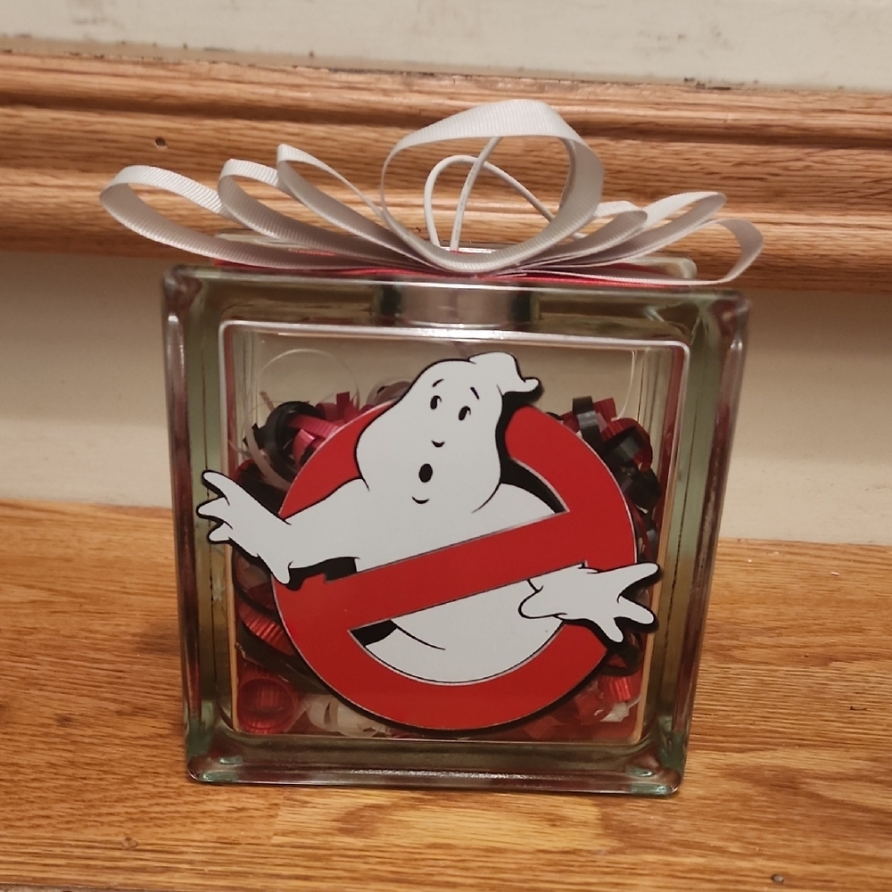Hand Crafted Ghostbusters Themed Party Glass Block with Ribbon 8x8